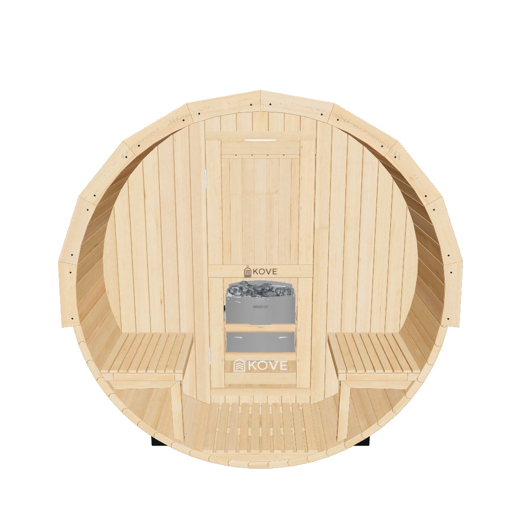 Kove 1-2 Person Spruce Barrel Sauna with Front Porch & 4.5kW Electric Heater | KOVE-BAR2 Outdoor Barrel Electric Heated Saunas Kove Designs