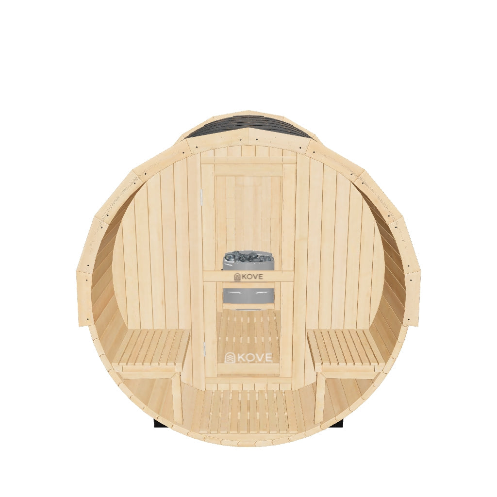 Kove 5-6 Person Spruce Barrel Sauna with Front Porch & 8kW Electric Heater | KOVE-BAR6 Outdoor Barrel Electric Heated Saunas KOVE