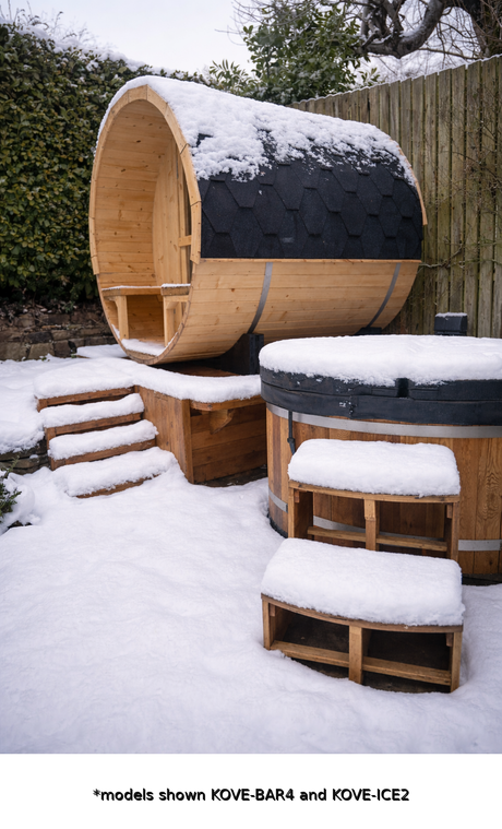 Kove 1-2 Person Spruce Barrel Sauna with Front Porch & 4.5kW Electric Heater | KOVE-BAR2 Outdoor Barrel Electric Heated Saunas Kove Designs