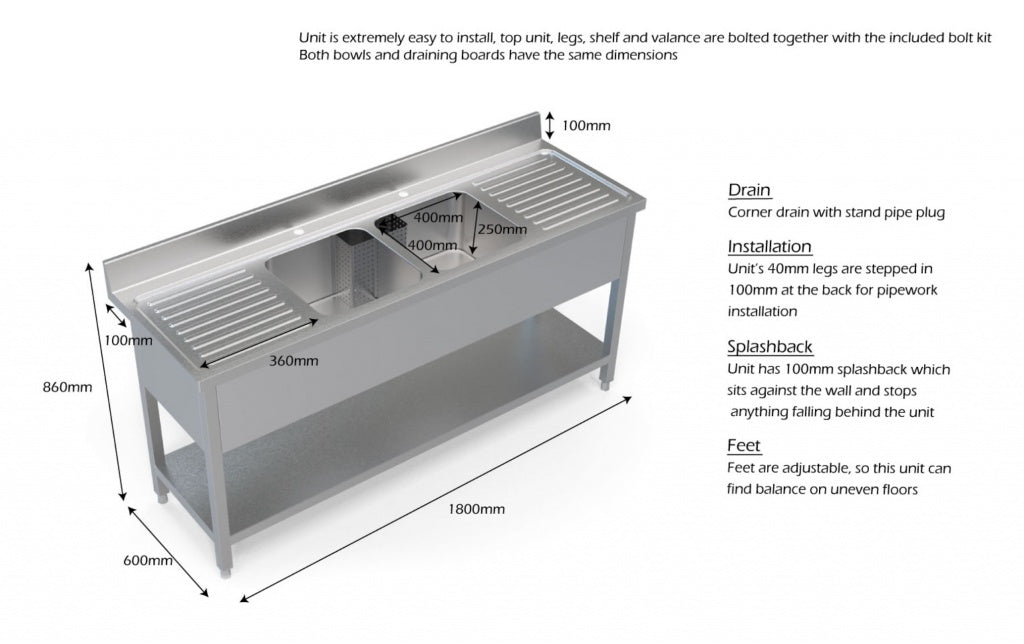 1.8m Commercial Stainless Steel Double Bowl Double Drainer Sink (600mm Deep) Double Bowl Sinks Empire   