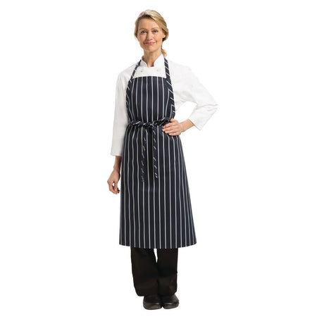 Chef Works Premium Woven Bib Apron Navy and White Stripe - B249