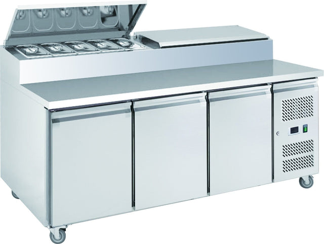 Chefsrange Three Door Prep Counter with 10 x 1/3 GN Topping Well - SP370 Pizza Prep Counters - 3 Door Chefsrange   