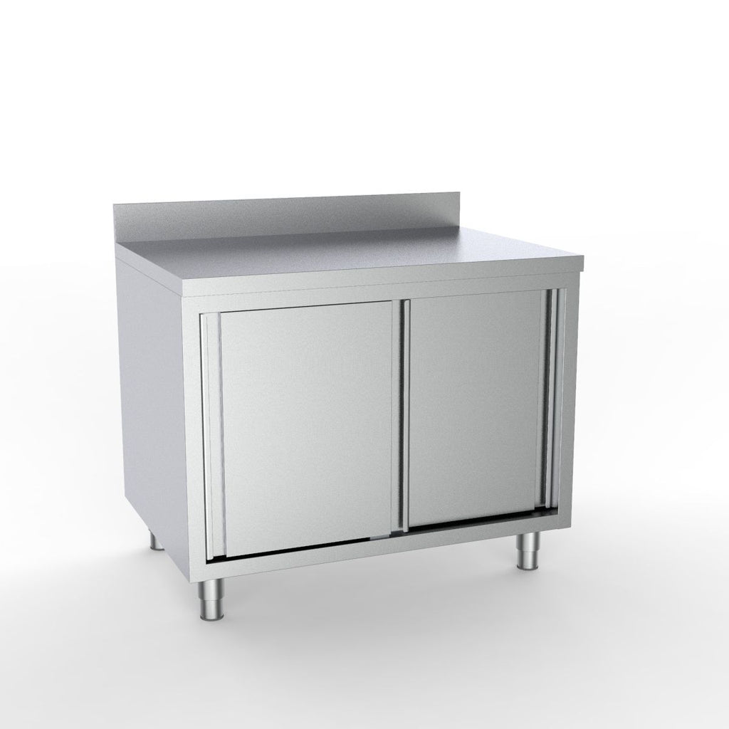 Combisteel 1000mm Stainless Steel Worktable with Sliding Door Cupboard - Commercial Kitchen Prep Table with Upstand | 7333.0224 Stainless Steel Worktops With Cupboards Combisteel
