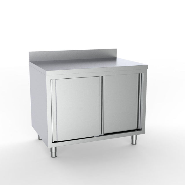 Combisteel Full 430 Stainless Steel 600 Line Worktable With Sliding Doors & Upstand 1400mm Wide Stainless Steel Worktops With Cupboards Combisteel   