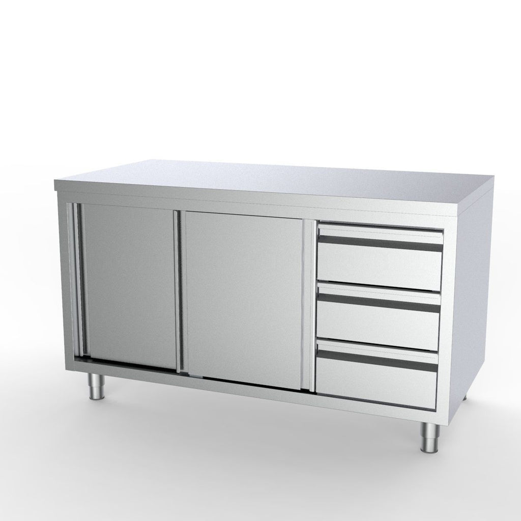 Combisteel Full 430 Stainless Steel Worktable With Sliding Doors & 3 Drawers 1600mm Wide - 7333.0258 Stainless Steel Worktops With Cupboards Combisteel   