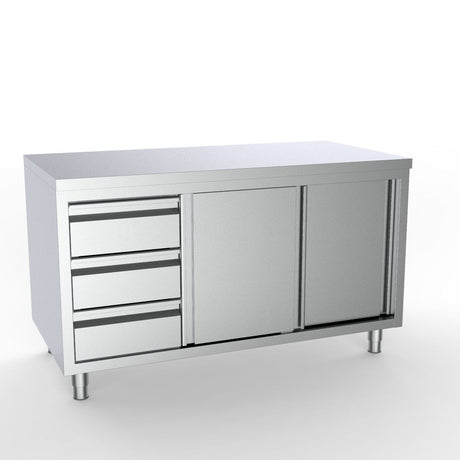 Combisteel Full 430 Stainless Steel Worktable With Sliding Doors & 3 Drawers 2000mm Wide - 7333.0254 Stainless Steel Worktops With Cupboards Combisteel   