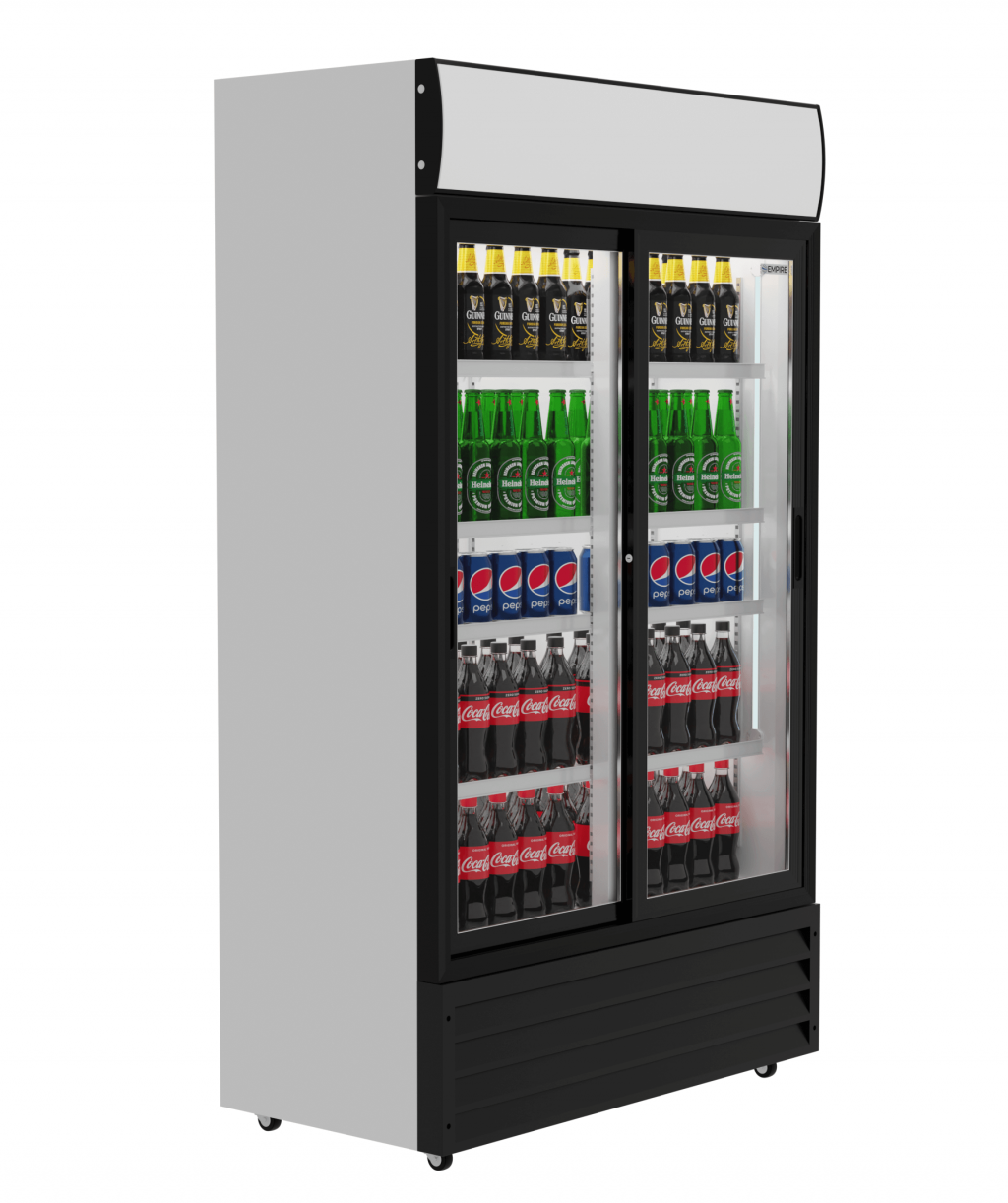 Empire Double Sliding Door Display Cooler with Merchandising Canopy - SS-P688WB-B Upright Double Glass Door Chillers Empire   