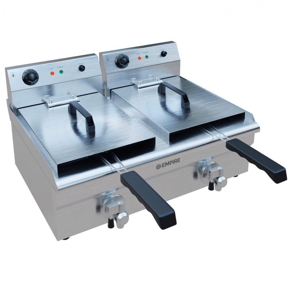 Empire 2 x 12L Twin Tank Electric Fryer with Drain Tap – 6kW Commercial Countertop Deep Fryer | EMP-EDF-12-DT Countertop Electric Fryers Empire