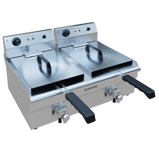 Empire 2 x 12L Twin Tank Electric Fryer with Drain Tap – 6kW Commercial Countertop Deep Fryer | EMP-EDF-12-DT Countertop Electric Fryers Empire