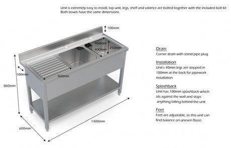 Empire Stainless Steel Commercial Double Bowl Sink – Left Hand Drainer 1400mm Wide | 1400-600LHD Double Bowl Sinks Empire