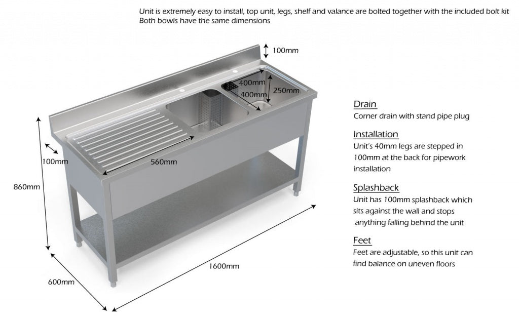 Empire Stainless Steel Commercial Double Bowl Sink – Left Hand Drainer 1600mm Wide | 1600-600LHD Double Bowl Sinks Empire