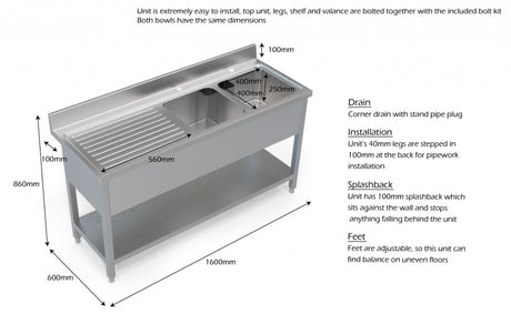 Empire Stainless Steel Commercial Double Bowl Sink – Left Hand Drainer 1600mm Wide | 1600-600LHD Double Bowl Sinks Empire