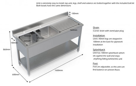 Empire Stainless Steel Commercial Double Bowl Sink – Right Hand Drainer 1600mm Wide | 1600-600RHD Double Bowl Sinks Empire