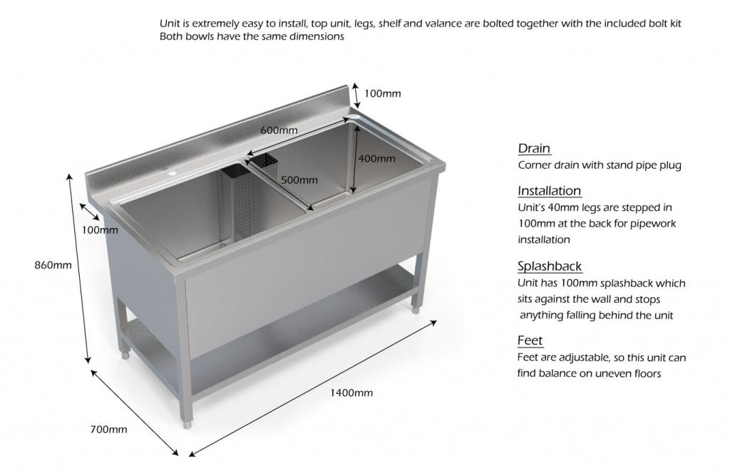 Empire Stainless Steel Double Pot Wash Catering Sink - PW-1400 Pot Wash Sinks Empire   