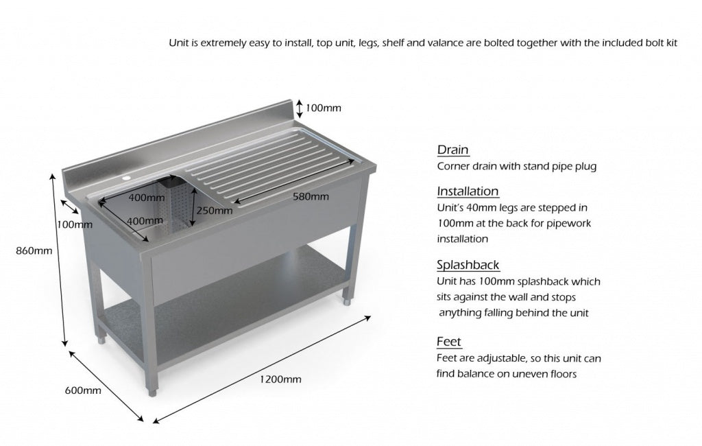 Empire Stainless Steel Commercial Single Bowl Sink – Right Hand Drainer 1200mm Wide | 1200-600RHD Single Bowl Sinks Empire