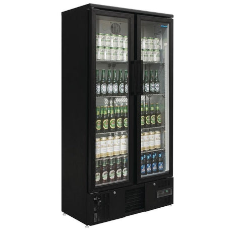 Polar Upright Back Bar Cooler with Hinged Doors in Black 490Ltr - GJ449 Upright Double Door Bottle Coolers Polar   