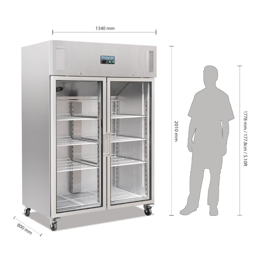 Polar Upright Double Glass Door Gastro Refrigerator 1200Ltr - CW198 Refrigeration Uprights - Double Door Polar   