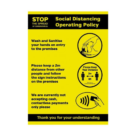 Social Distancing Operating Sanitiser Policy Poster A3 - FN646 Guidance Posters & Floor Graphics Unbranded   
