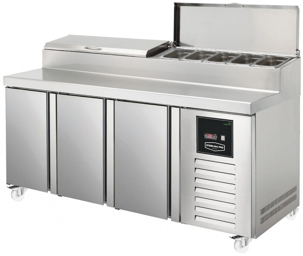 Sterling Pro 3 Door Refrigerated Preparation Counter 1/4 GN x 10 - SPIZ-180 Pizza Prep Counters - 3 Door Sterling Pro   