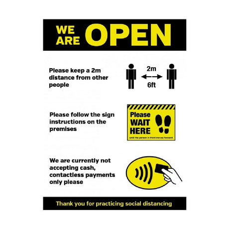 We Are Open Social Distancing Shop Guidance Self-Adhesive Poster A4 - FN659 Guidance Posters & Floor Graphics Unbranded   